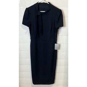 Maggy London Dress Womens Sz 10 Tie Neck Puff Sleeve Navy Career Classic Chic